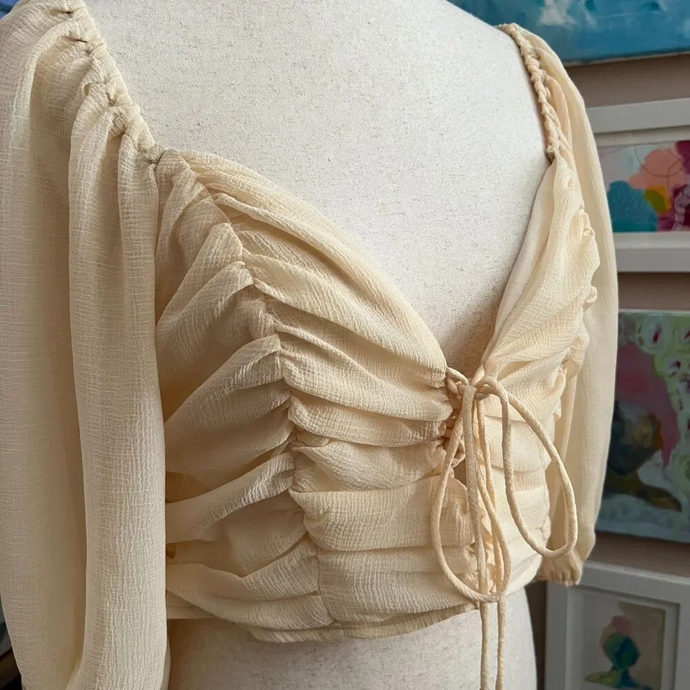 Fairy Cream Ruched Puff Sleeve Crop Top HYFVE Romantic Cottagecore Coquette Sz L - Picture 3 of 9